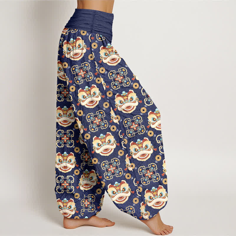 Nimara Ritual Cotton Tribal Lion Mask Pattern Women's Elastic Waist Harem Pants