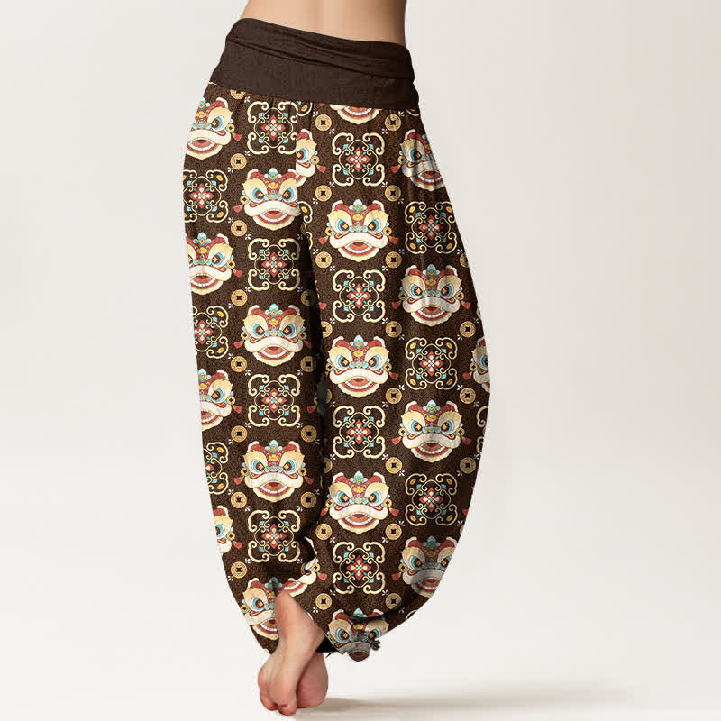 Nimara Ritual Cotton Tribal Lion Mask Pattern Women's Elastic Waist Harem Pants