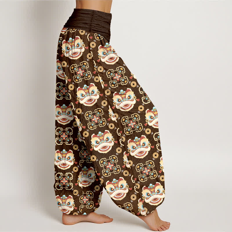 Nimara Ritual Cotton Tribal Lion Mask Pattern Women's Elastic Waist Harem Pants