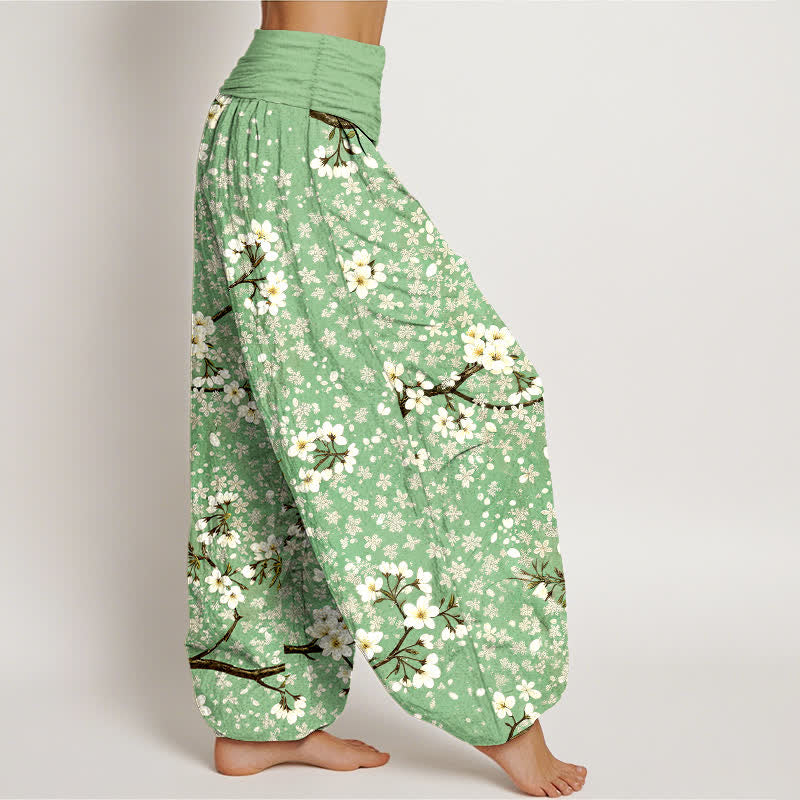 Nimara Ritual Cotton White Blossom Branch Pattern Women's Elastic Waist Harem Pants