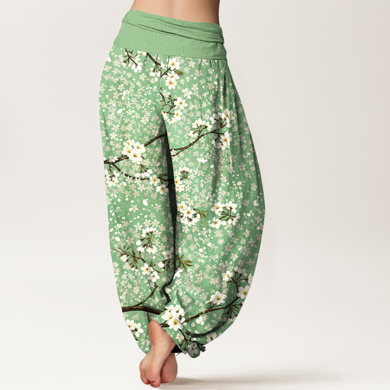 Nimara Ritual Cotton White Blossom Branch Pattern Women's Elastic Waist Harem Pants