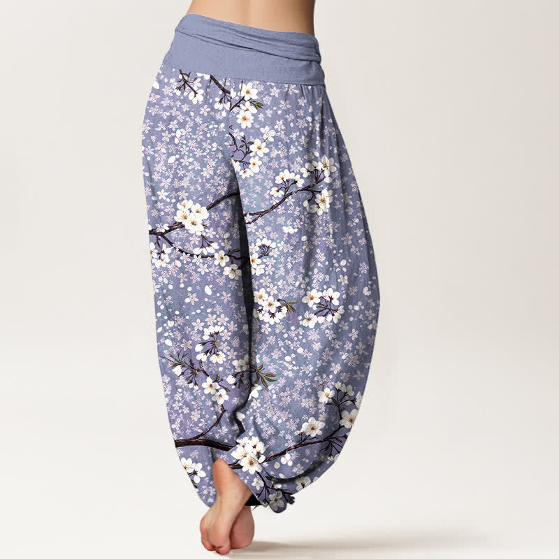 Nimara Ritual Cotton White Blossom Branch Pattern Women's Elastic Waist Harem Pants