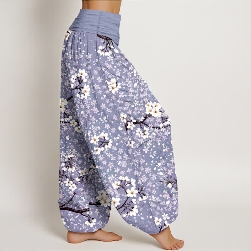 Nimara Ritual Cotton White Blossom Branch Pattern Women's Elastic Waist Harem Pants