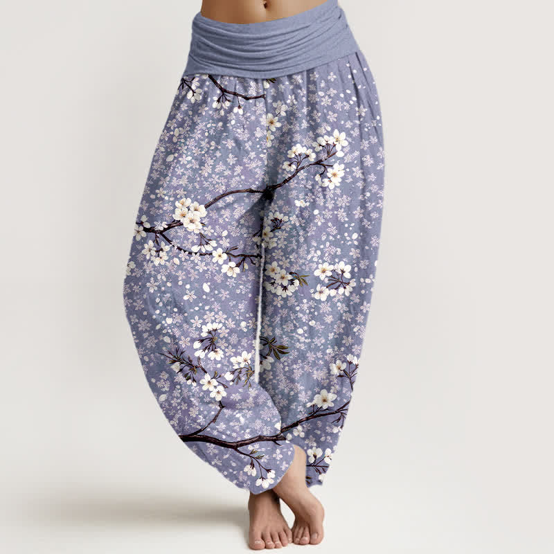 Nimara Ritual Cotton White Blossom Branch Pattern Women's Elastic Waist Harem Pants