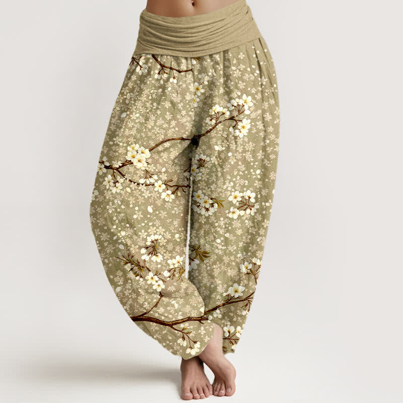 Nimara Ritual Cotton White Blossom Branch Pattern Women's Elastic Waist Harem Pants