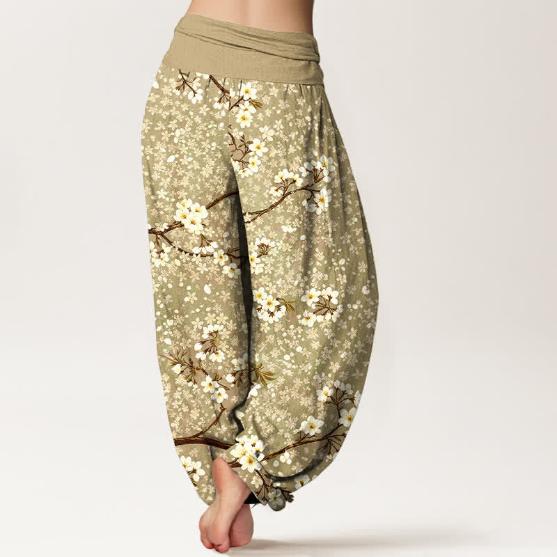 Nimara Ritual Cotton White Blossom Branch Pattern Women's Elastic Waist Harem Pants