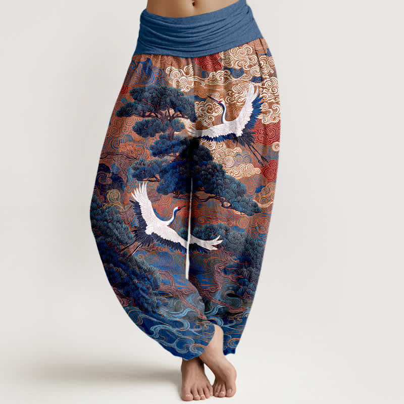 Nimara Ritual Cotton Crane Pine Wave Pattern Women's Elastic Waist Harem Pants