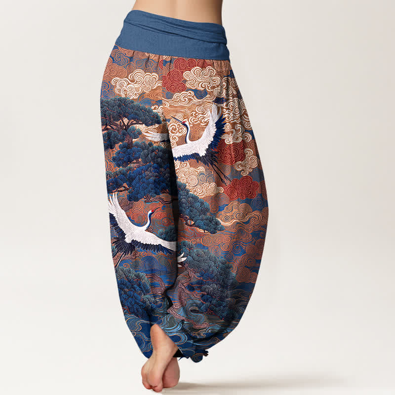 Nimara Ritual Cotton Crane Pine Wave Pattern Women's Elastic Waist Harem Pants