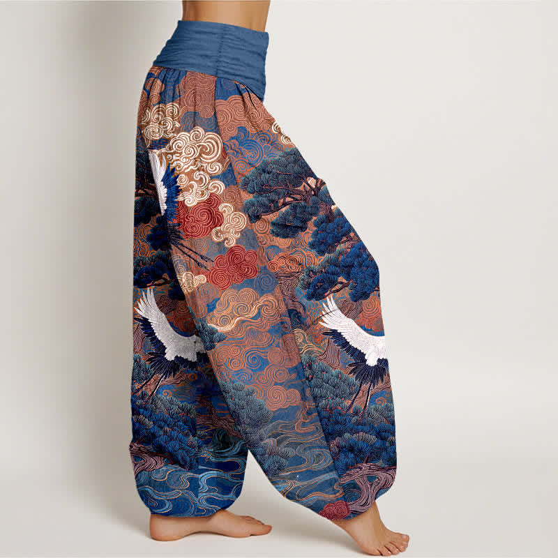 Nimara Ritual Cotton Crane Pine Wave Pattern Women's Elastic Waist Harem Pants