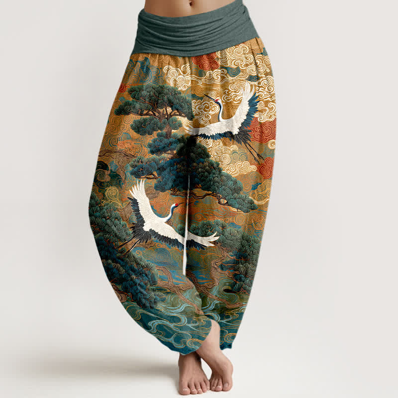 Nimara Ritual Cotton Crane Pine Wave Pattern Women's Elastic Waist Harem Pants