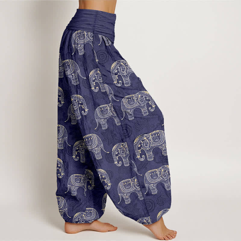 Nimara Ritual Cotton White Elephant Pattern Women's Elastic Waist Harem Pants