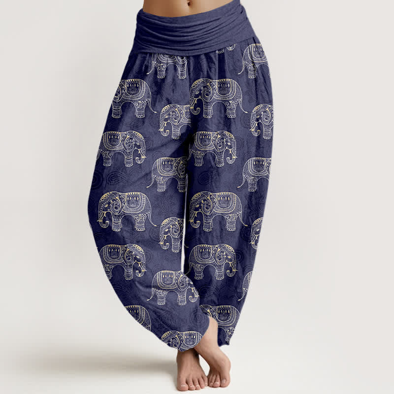 Nimara Ritual Cotton White Elephant Pattern Women's Elastic Waist Harem Pants