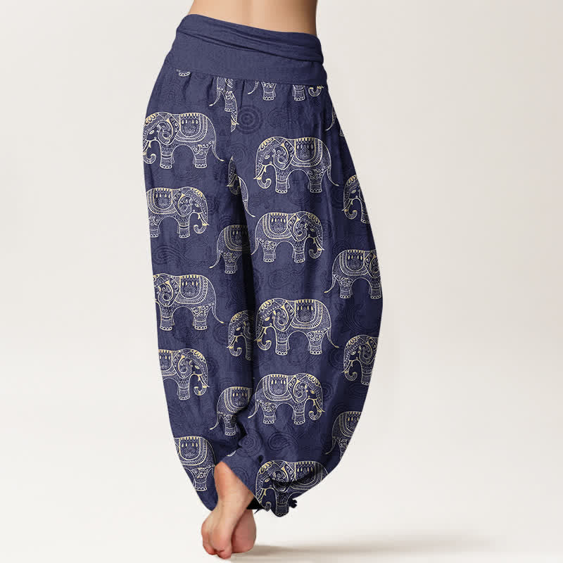 Nimara Ritual Cotton White Elephant Pattern Women's Elastic Waist Harem Pants