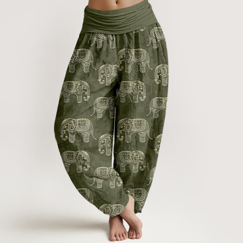 Nimara Ritual Cotton White Elephant Pattern Women's Elastic Waist Harem Pants