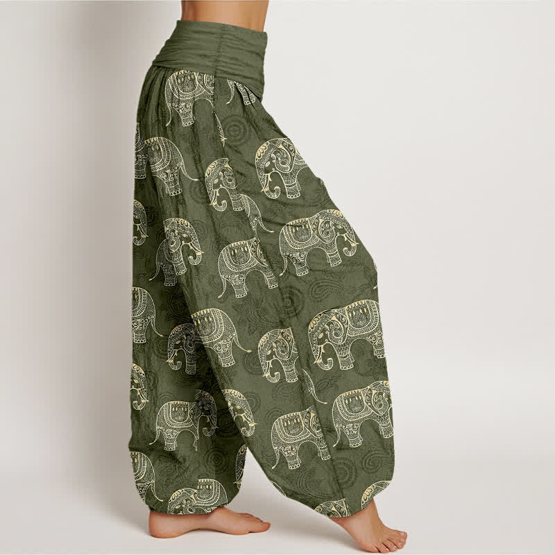 Nimara Ritual Cotton White Elephant Pattern Women's Elastic Waist Harem Pants