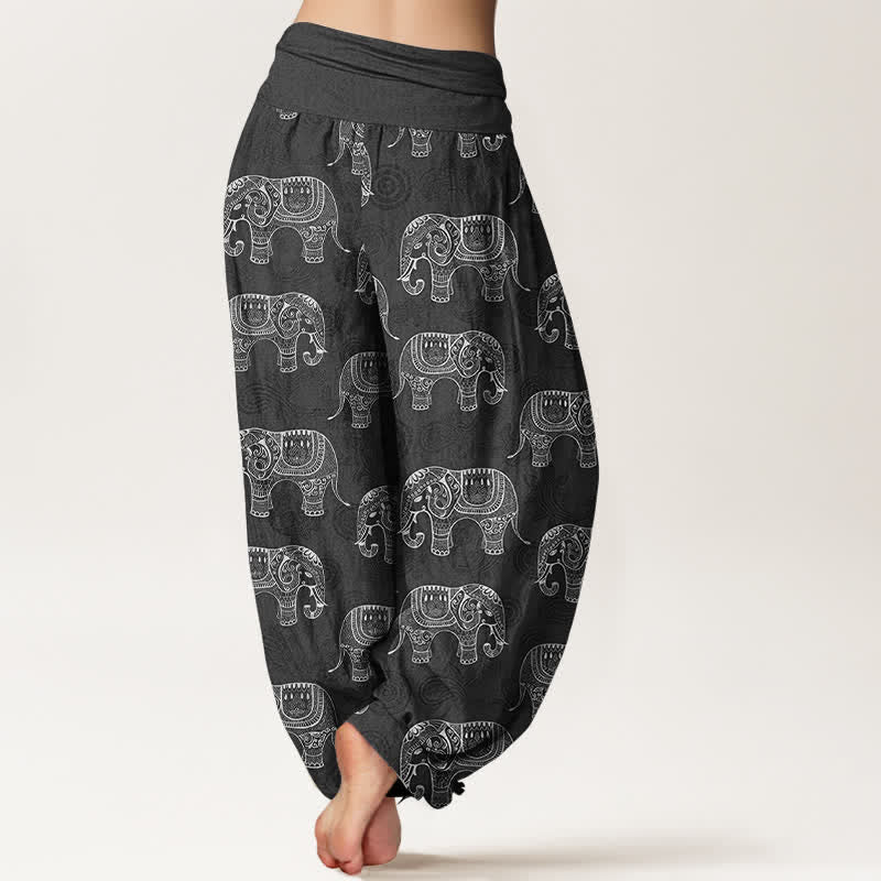 Nimara Ritual Cotton White Elephant Pattern Women's Elastic Waist Harem Pants