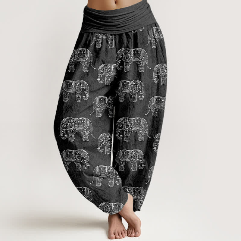 Nimara Ritual Cotton White Elephant Pattern Women's Elastic Waist Harem Pants