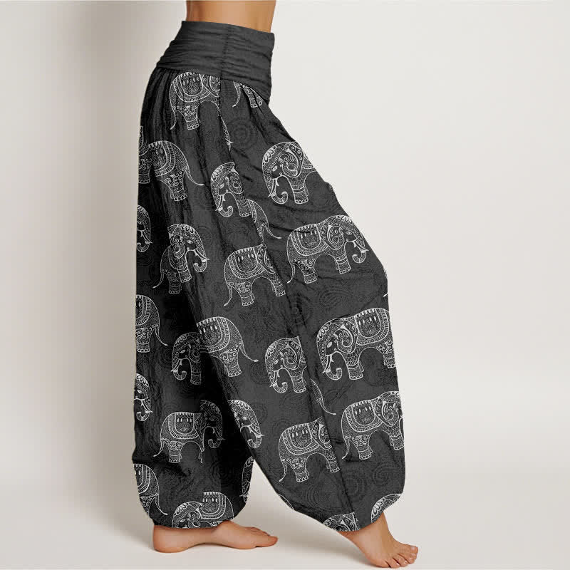 Nimara Ritual Cotton White Elephant Pattern Women's Elastic Waist Harem Pants