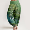 Nimara Ritual Cotton Forest Lake Flying Bird Pattern Women's Elastic Waist Harem Pants