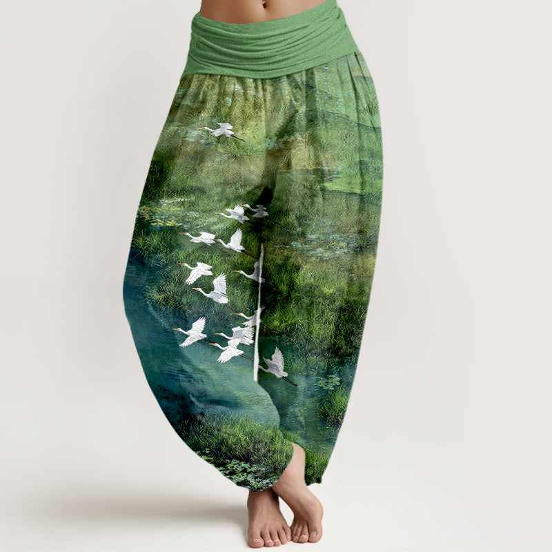 Nimara Ritual Cotton Forest Lake Flying Bird Pattern Women's Elastic Waist Harem Pants