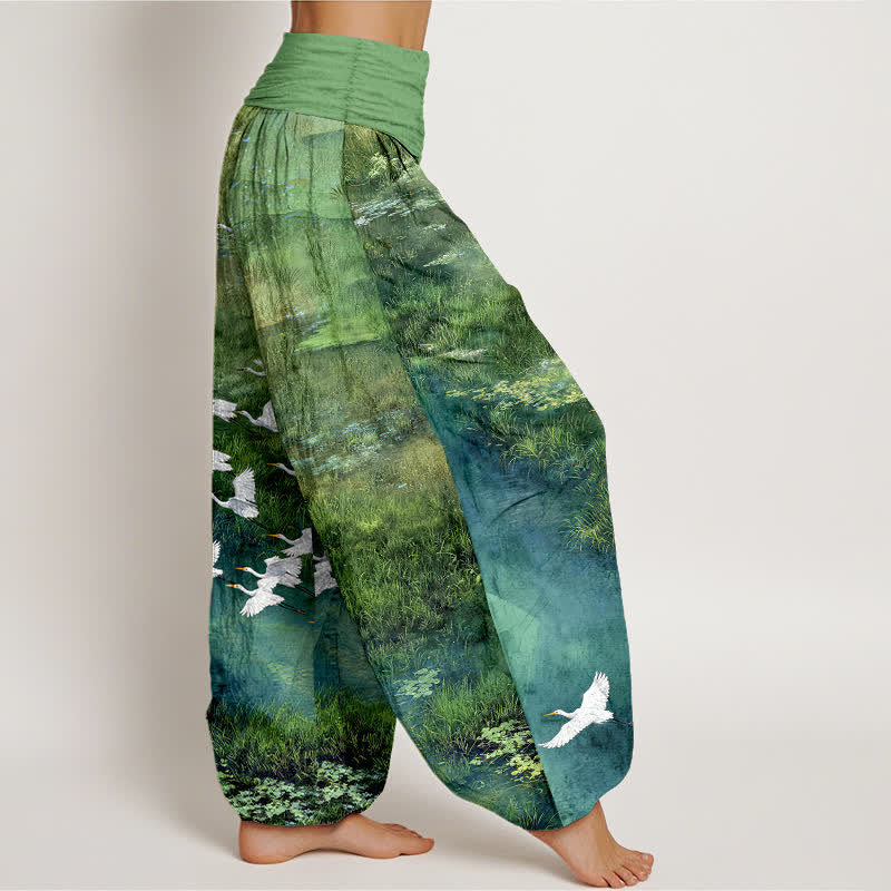 Nimara Ritual Cotton Forest Lake Flying Bird Pattern Women's Elastic Waist Harem Pants