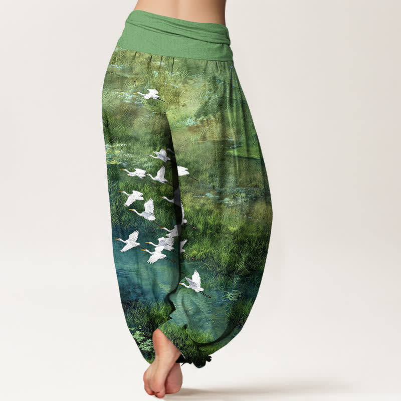 Nimara Ritual Cotton Forest Lake Flying Bird Pattern Women's Elastic Waist Harem Pants