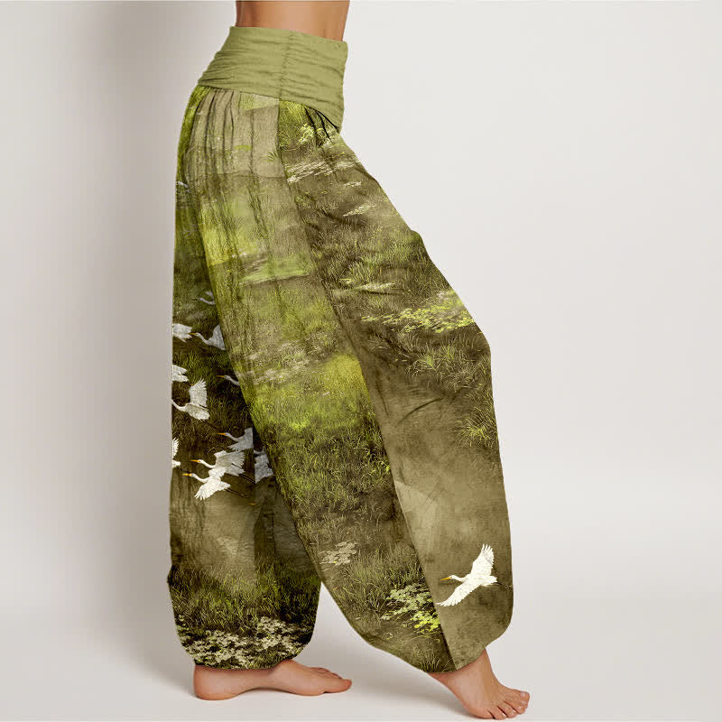Nimara Ritual Cotton Forest Lake Flying Bird Pattern Women's Elastic Waist Harem Pants