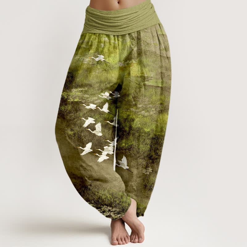 Nimara Ritual Cotton Forest Lake Flying Bird Pattern Women's Elastic Waist Harem Pants