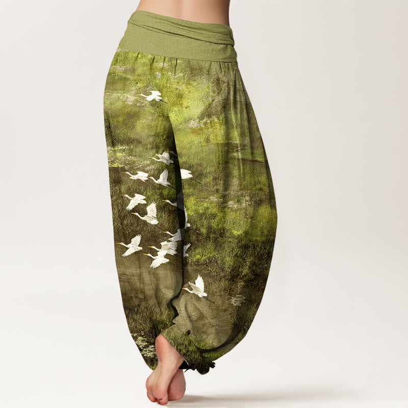 Nimara Ritual Cotton Forest Lake Flying Bird Pattern Women's Elastic Waist Harem Pants