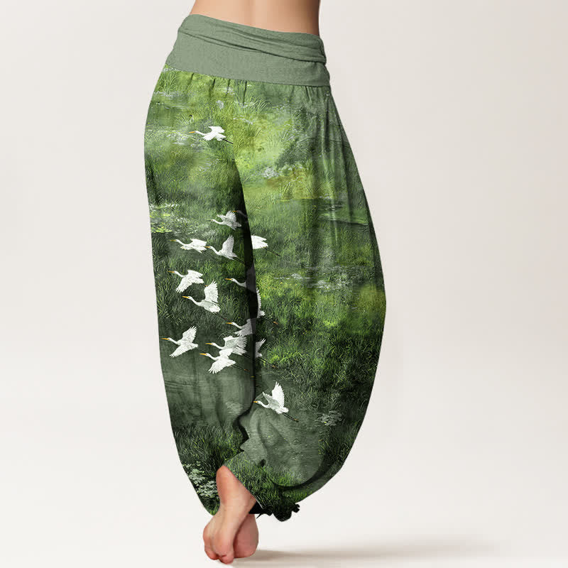 Nimara Ritual Cotton Forest Lake Flying Bird Pattern Women's Elastic Waist Harem Pants