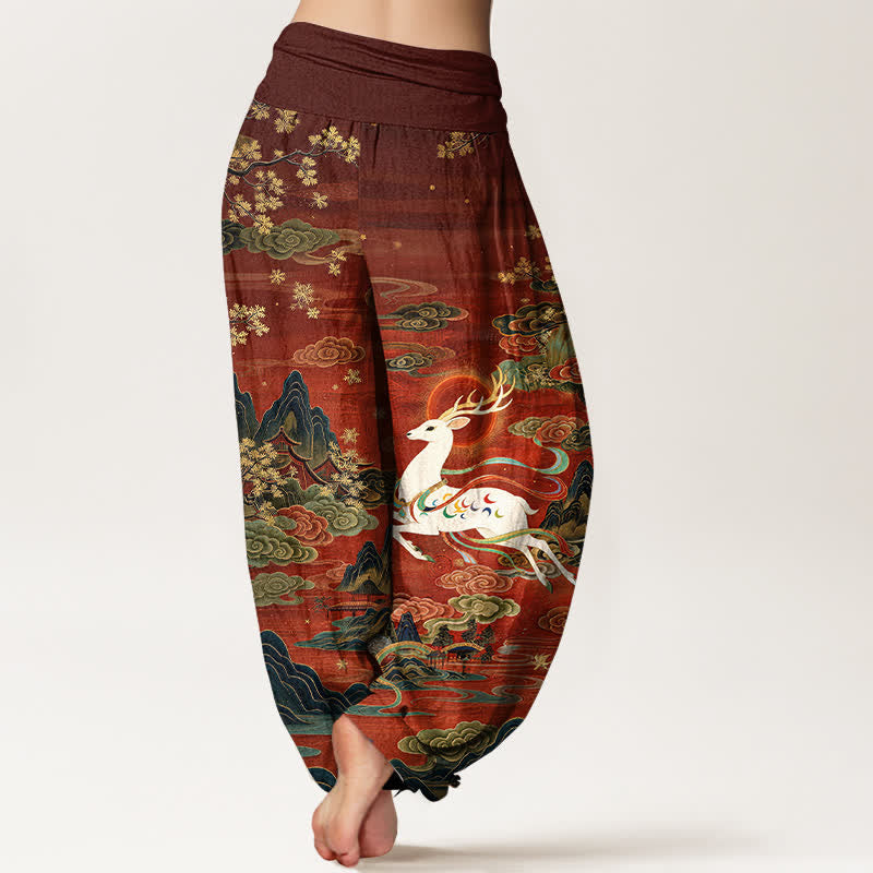 Nimara Ritual Cotton White Deer Mountain Pattern Women's Elastic Waist Harem Pants