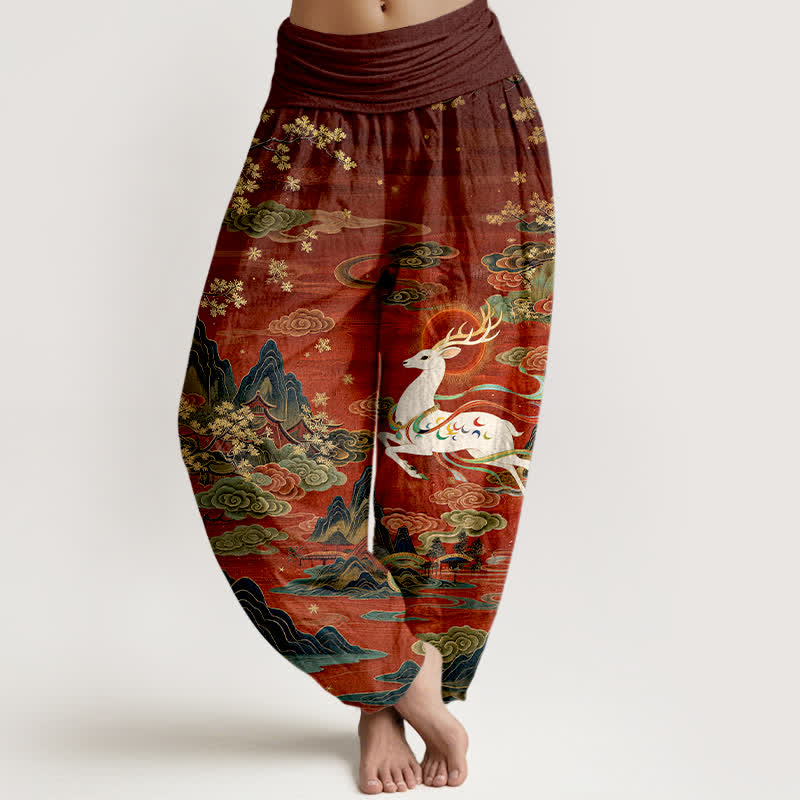 Nimara Ritual Cotton White Deer Mountain Pattern Women's Elastic Waist Harem Pants