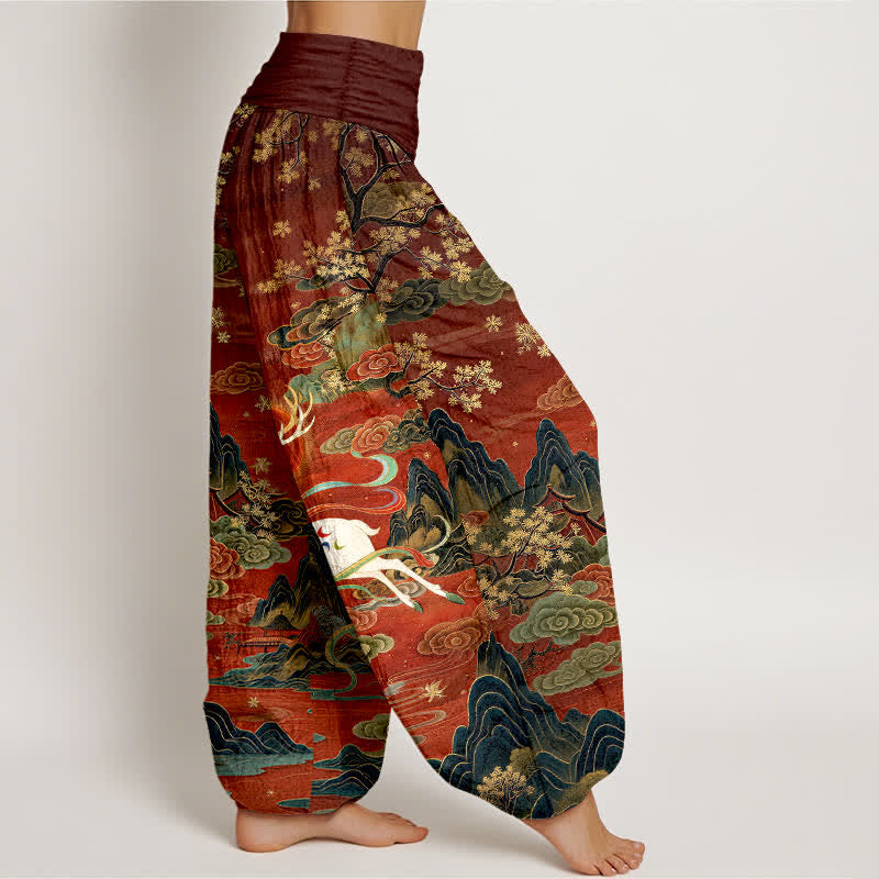 Nimara Ritual Cotton White Deer Mountain Pattern Women's Elastic Waist Harem Pants