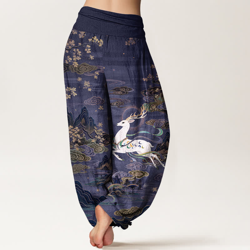 Nimara Ritual Cotton White Deer Mountain Pattern Women's Elastic Waist Harem Pants