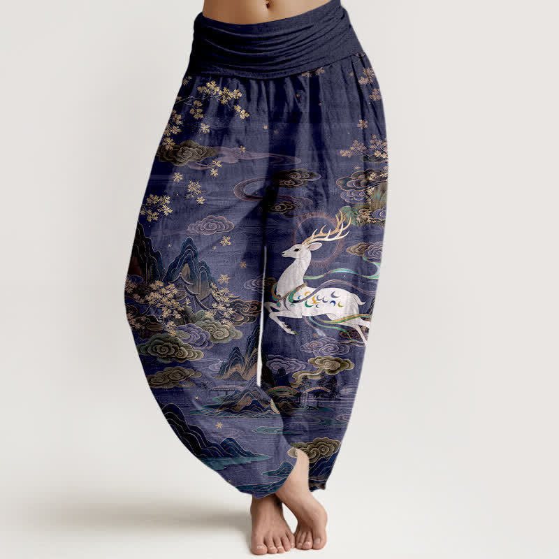 Nimara Ritual Cotton White Deer Mountain Pattern Women's Elastic Waist Harem Pants