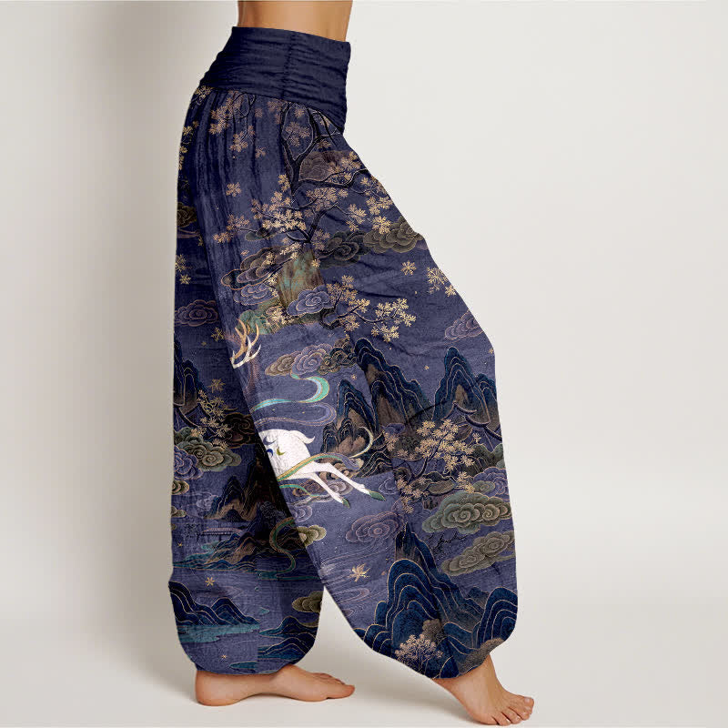 Nimara Ritual Cotton White Deer Mountain Pattern Women's Elastic Waist Harem Pants
