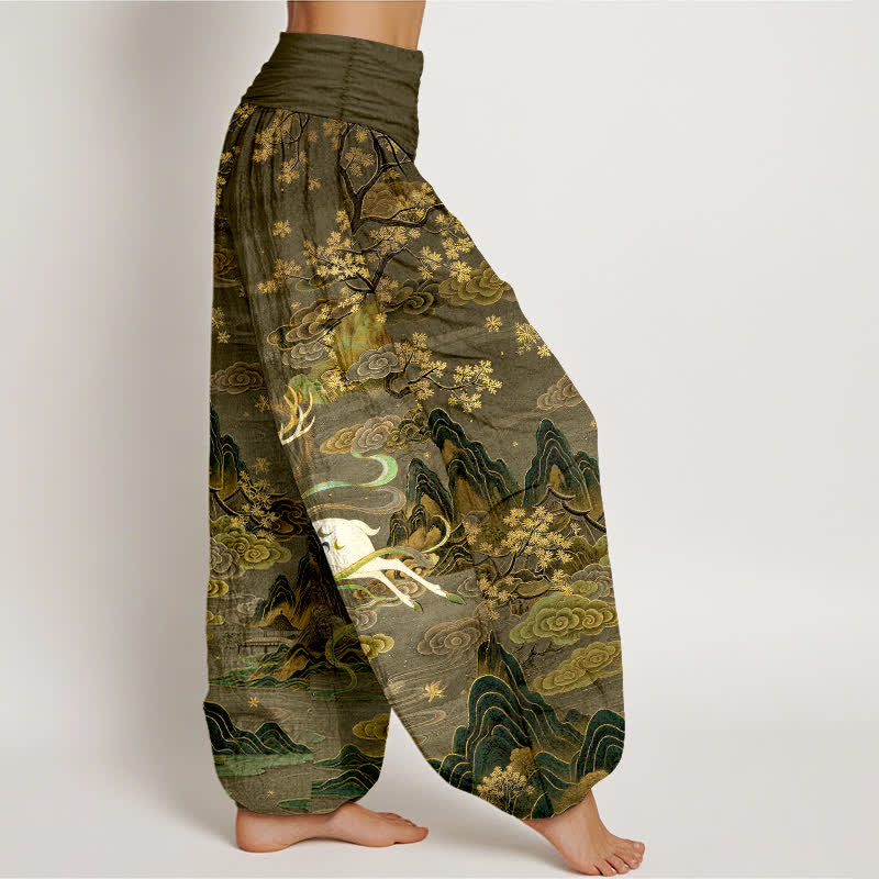 Nimara Ritual Cotton White Deer Mountain Pattern Women's Elastic Waist Harem Pants