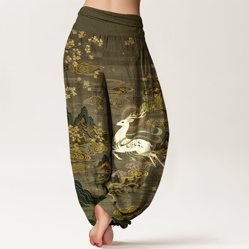 Nimara Ritual Cotton White Deer Mountain Pattern Women's Elastic Waist Harem Pants
