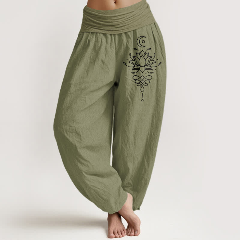 Nimara Ritual Pure Cotton White Lotus Pattern Women's Elastic Waist Harem Pants