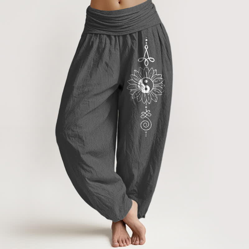 Nimara Ritual Pure Cotton Sunflower Yin Yang Pattern Women's Elastic Waist Harem Pants