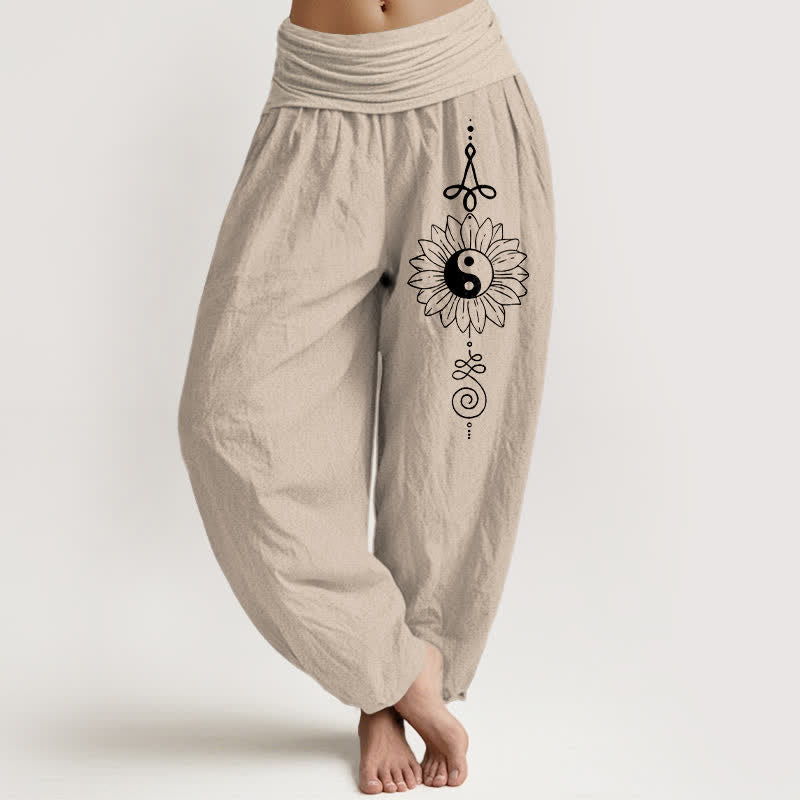 Nimara Ritual Pure Cotton Sunflower Yin Yang Pattern Women's Elastic Waist Harem Pants