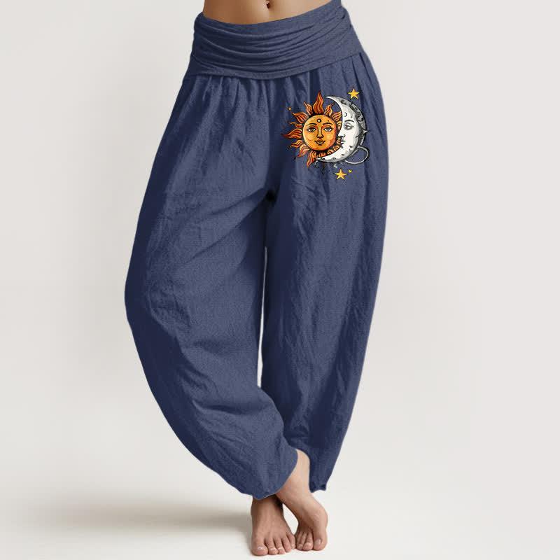 Nimara Ritual Pure Cotton Sun and Moon Pattern Women's Elastic Waist Harem Pants