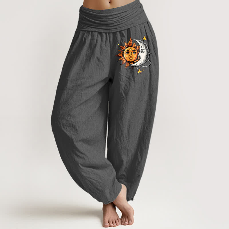 Nimara Ritual Pure Cotton Sun and Moon Pattern Women's Elastic Waist Harem Pants