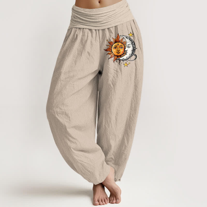 Nimara Ritual Pure Cotton Sun and Moon Pattern Women's Elastic Waist Harem Pants