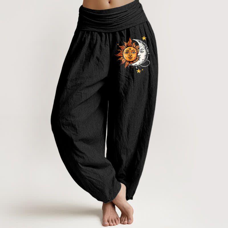 Nimara Ritual Pure Cotton Sun and Moon Pattern Women's Elastic Waist Harem Pants