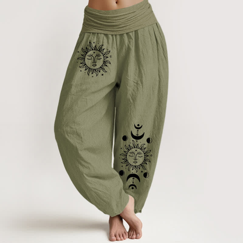Nimara Ritual Pure Cotton Sun Moon Pattern Women's Elastic Waist Harem Pants