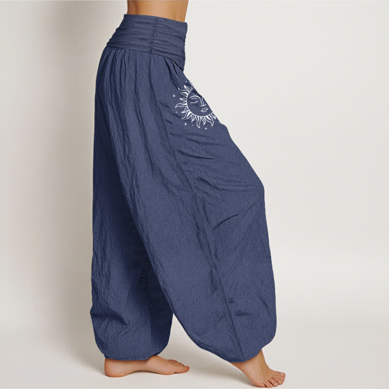 Nimara Ritual Pure Cotton Sun Moon Pattern Women's Elastic Waist Harem Pants
