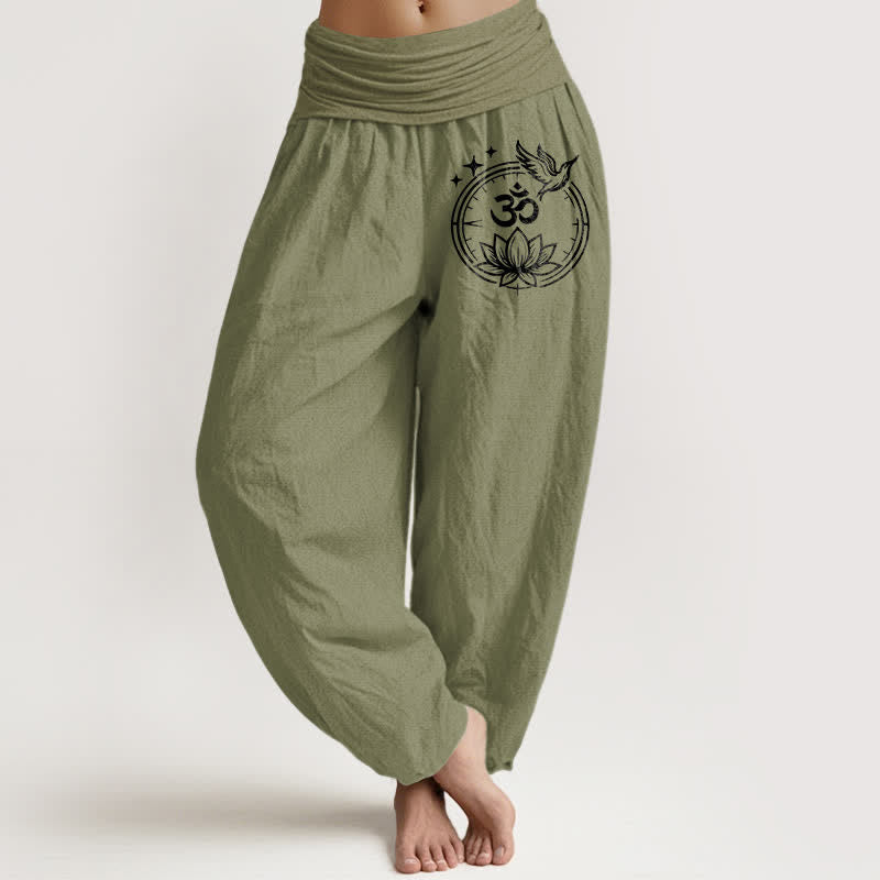 Nimara Ritual Pure Cotton Lotus Om Bird Pattern Women's Elastic Waist Harem Pants