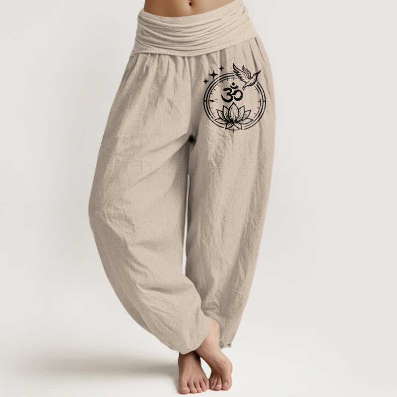 Nimara Ritual Pure Cotton Lotus Om Bird Pattern Women's Elastic Waist Harem Pants