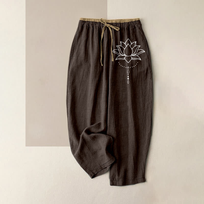 Nimara Ritual Pure Cotton Serene Lotus Pattern Women's Elastic Waist Pants With Pockets